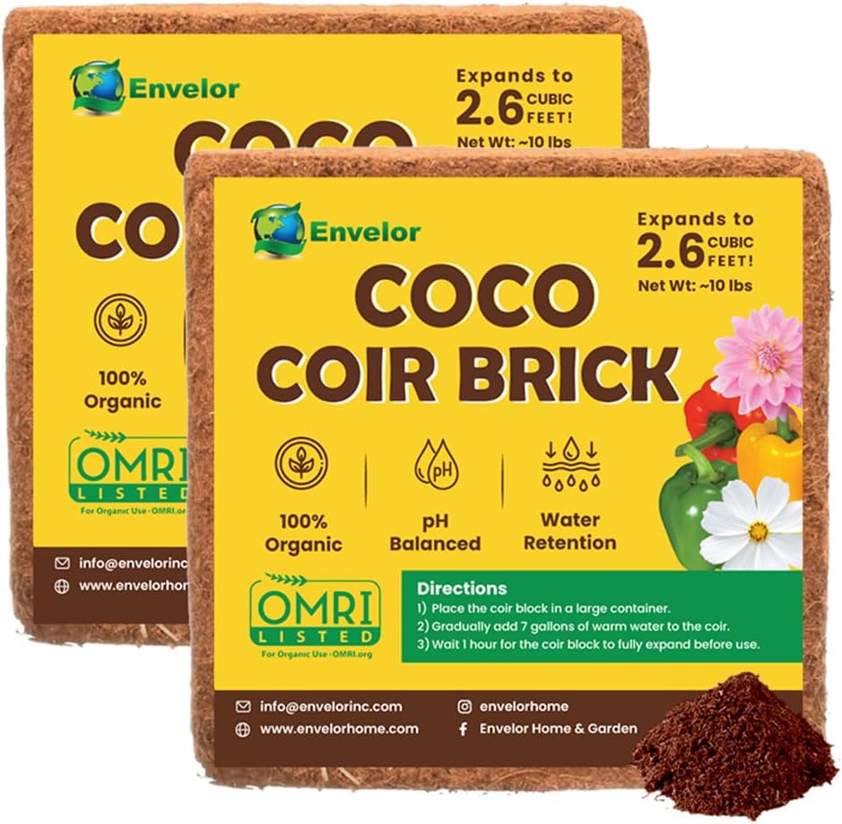 Coco Coir for Plants 2-Pack – 2.6 Cu. Ft. Compressed Coconut Coir Bricks, 10 lb. Organic, Low EC, pH Balanced Coco Peat for Indoor & Outdoor Gardening, Potting Soil, Indoor Plant Soil
