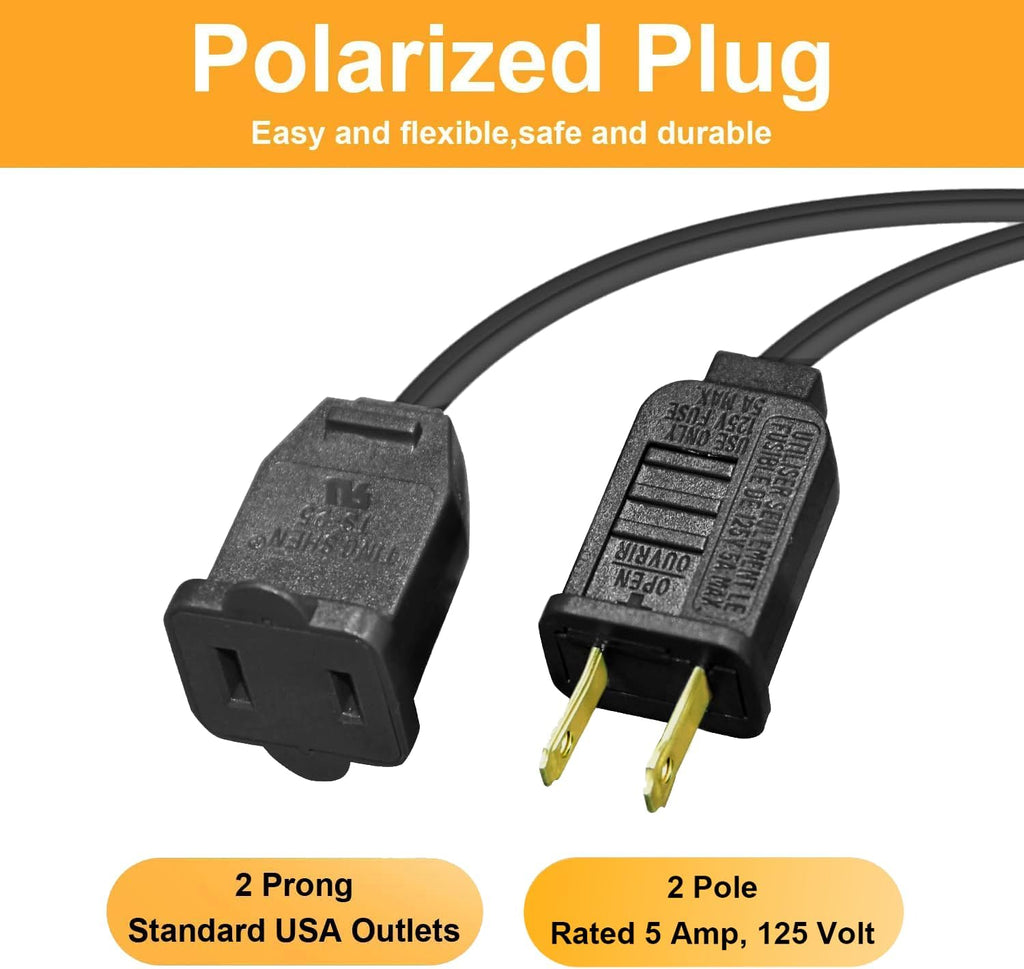 3 Pack Black Extension Cord 6 Feet Waterproof, 2 Prong Extension Cords with 2 Pole Brass Straight Blades Polarized Plug Short Extension Cords, for Connect/Extend String Light Indoor Outdoor (18Ft)
