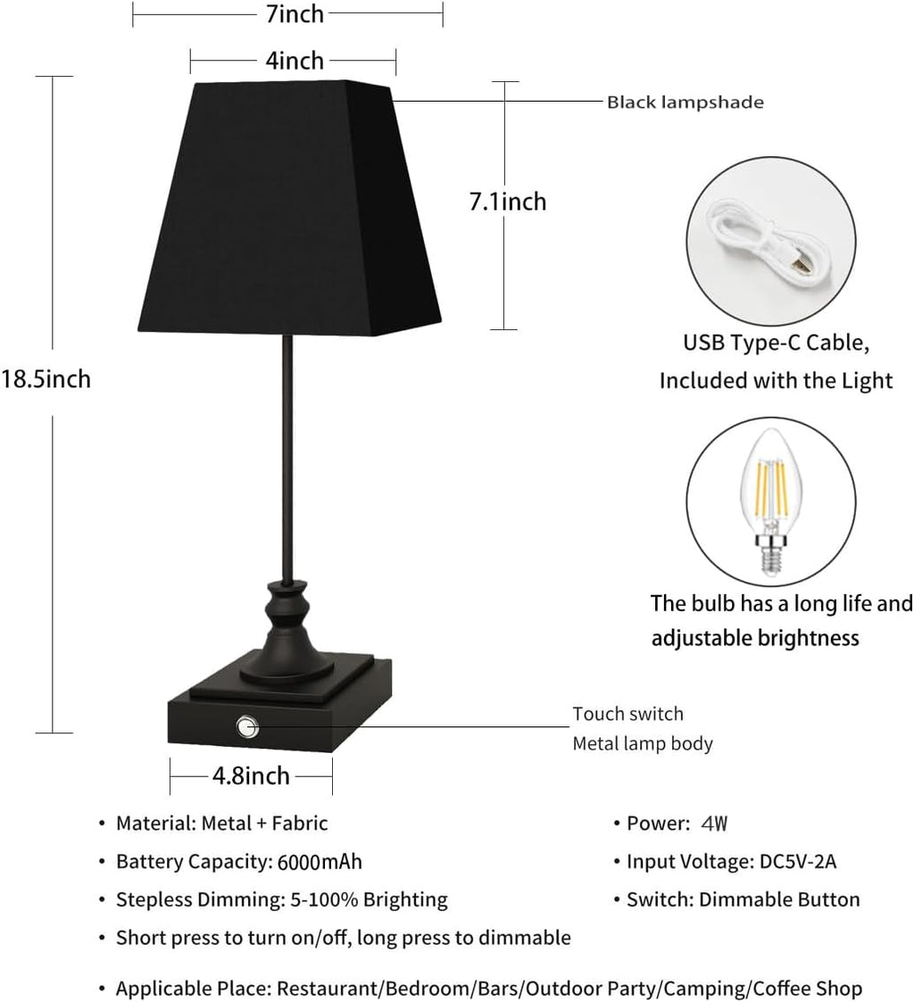 Rechargeable LED Table Lamps with Stepless Touch Control,Black Cordless Lamp for Living Room&Bedside&Patio&Shower,Small Desk Lamp(6000mAH Battery),1 Pack for Home Decor,Best Gifts for Family