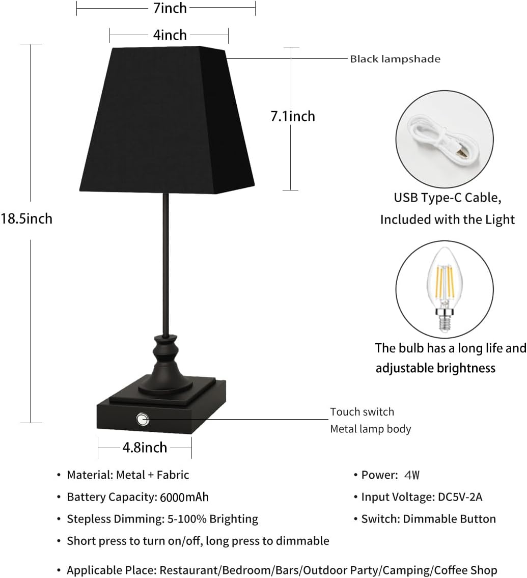 Rechargeable LED Table Lamps with Stepless Touch Control,Black Cordless Lamp for Living Room&Bedside&Patio&Shower,Small Desk Lamp(6000mAH Battery),1 Pack for Home Decor,Best Gifts for Family