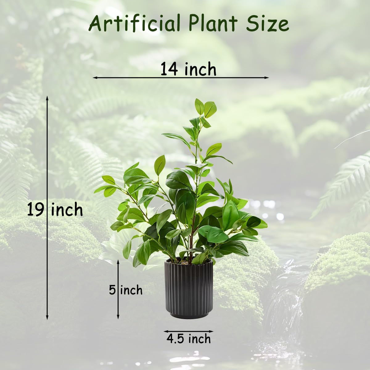 16 inch Artificial Plants Indoor Realistic Touching Evergreen Leaf Fake Plant with Creamic Black Pot for Home Office Living Room Bathroom Office Table Bookshelf Decor