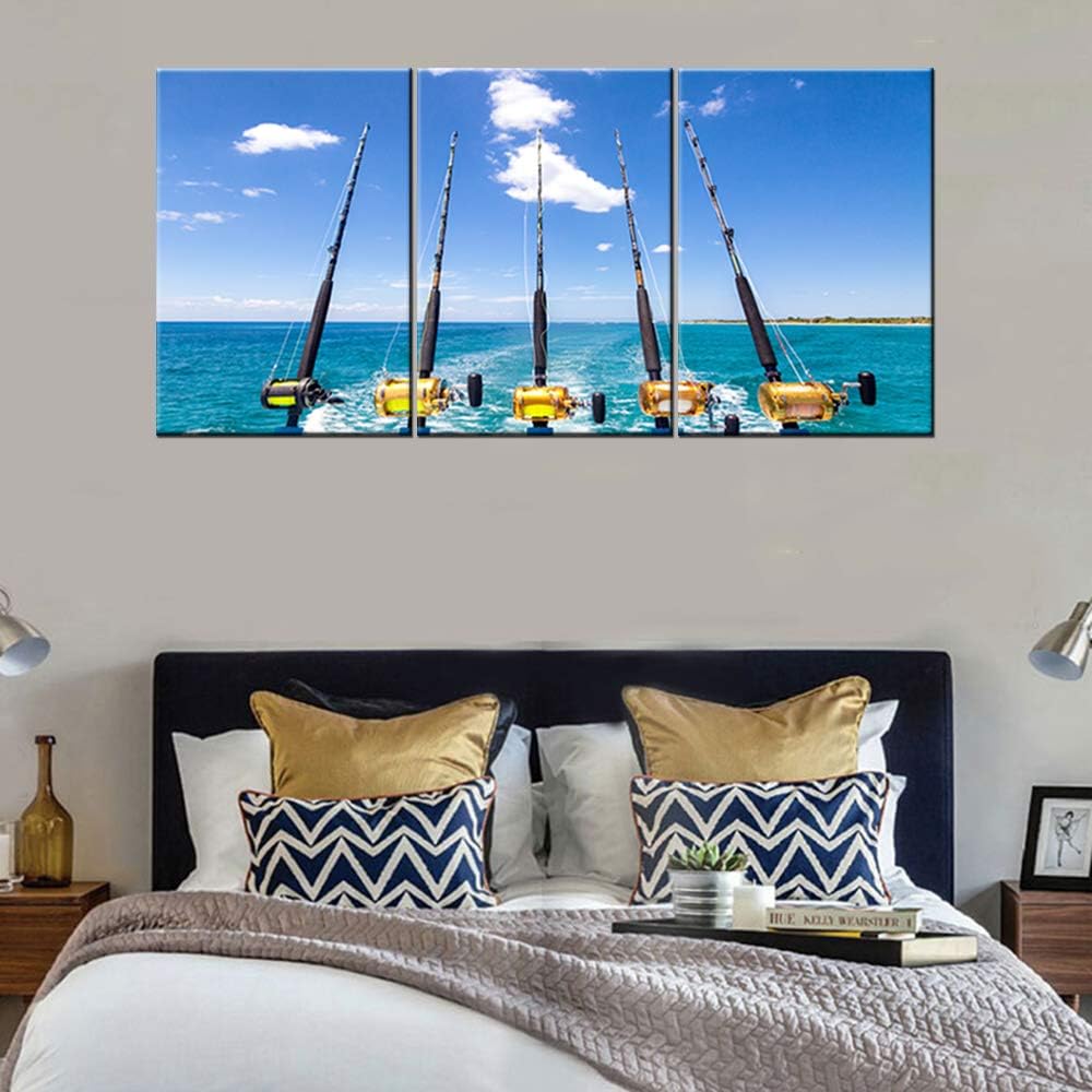 Kitchen Pictures Wall Decor Fishing Rod and Reel Paintings for Living Room Tropical Ocean Scape Artwork 3 Piece Canvas Wall Art House Decorations Framed Ready to Hang Posters and Prints(48''Wx24''H)
