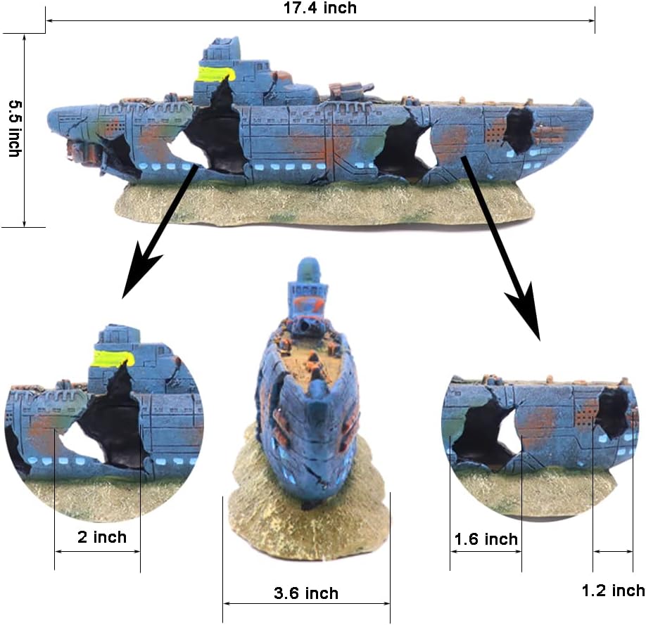 Ulifery Aquarium Shipwreck Sunken Pirate Ship, Submarine Fish Tank Decorations Battleship for Betta Extra Large XL for 55-75 Gallon Tank