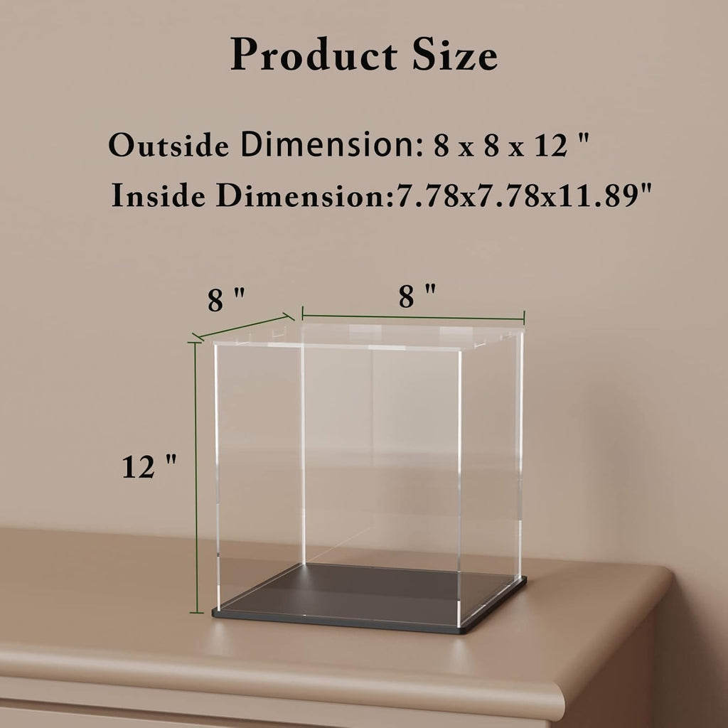 SVENJBB Acrylic Display Case, 8x8x12 Inch Cube Acrylic Boxes for Display, Clear Display Cases with Matte Black Base and Lid for Collectibles and Figures