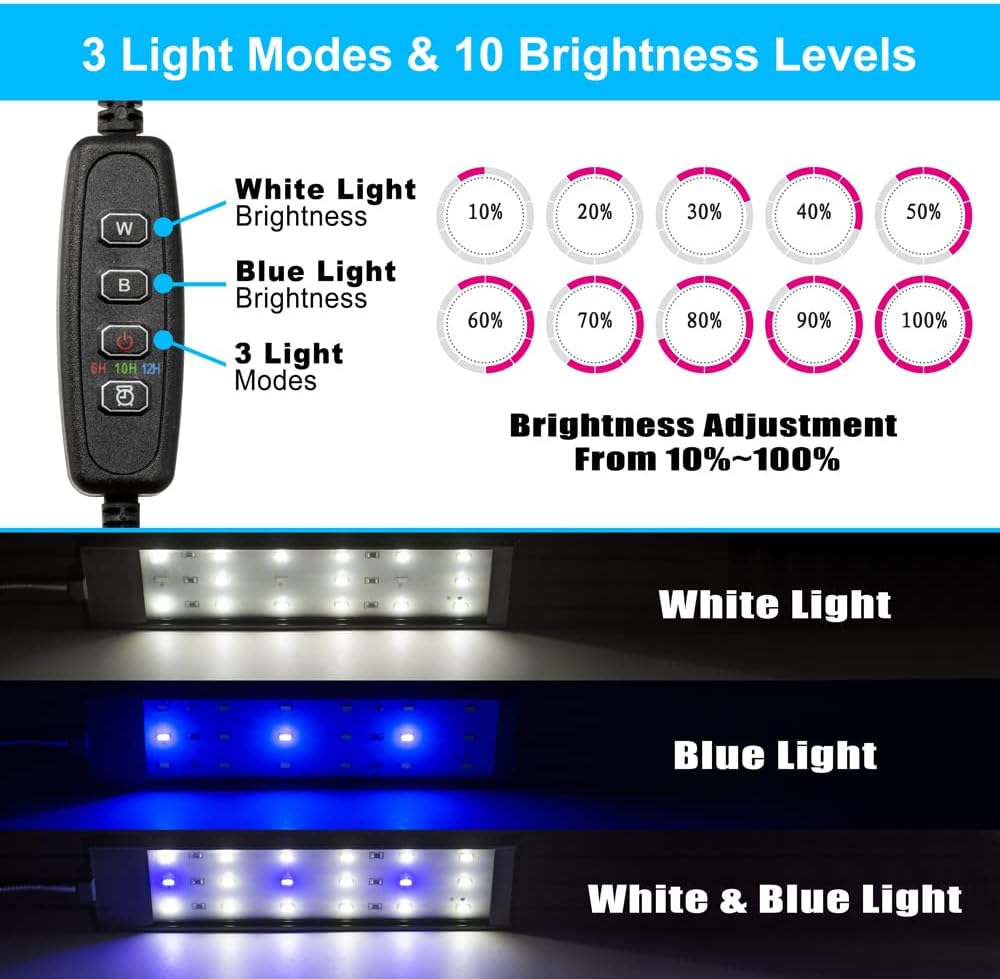 Aquarium Light Small LED Clip Light for Fish Tank 10W with Timer&Dimmer, 1 Yr Warranty