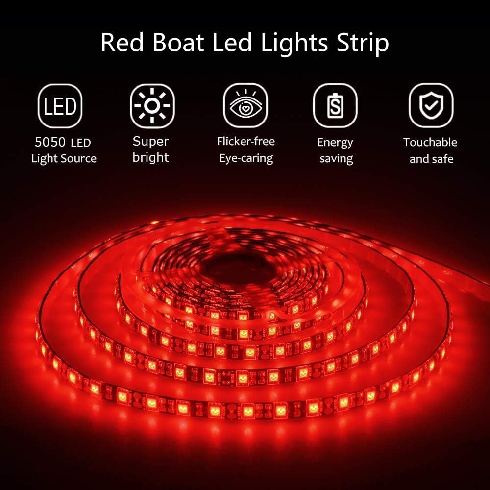 Pontoon Boat LED Strip Lights, 12V 32.8FT Red Waterproof Marine LED Light Boat Interior Light, Boats Deck Hull Gunnel Lights, Night Fishing Lighting for Bass, Jon, No Battery