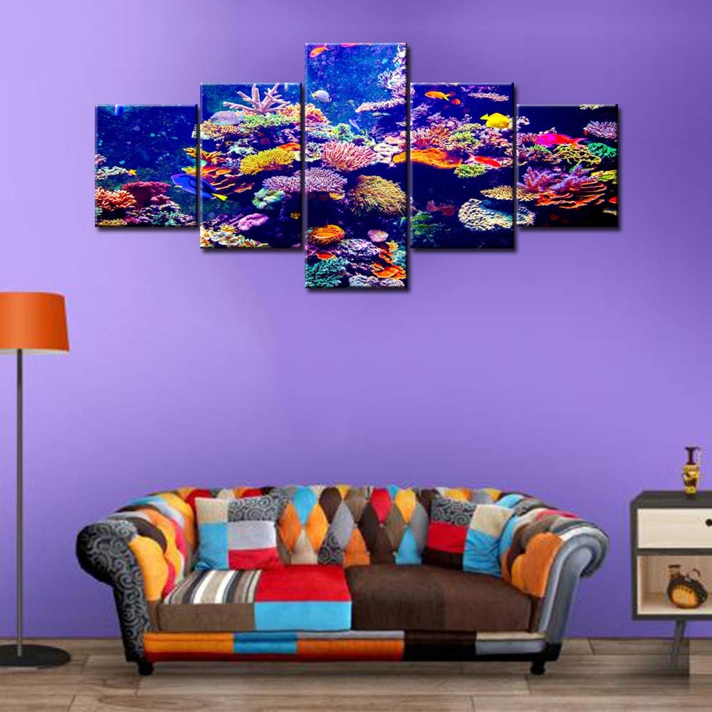 Purple Coral Reef Pictures Undersea Plants Paintings for Living Room Artwork for Walls Small Fishes Wall Art 5 Panel Printed on Canvas Gallery-Wrapped House Decor Framed Ready to Hang(50''Wx24''H)
