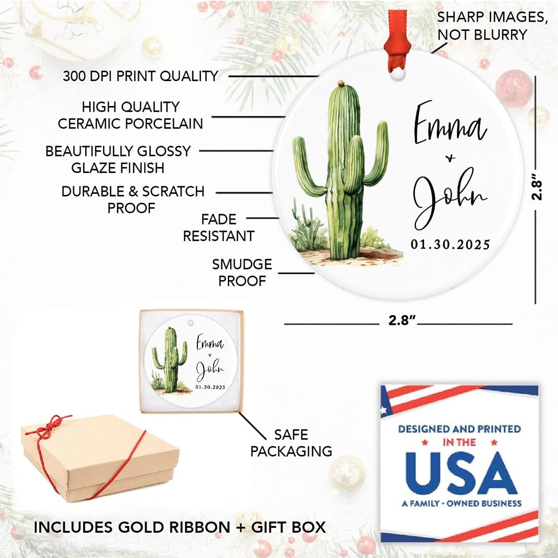 Andaz Press 2.8" Ceramic Porcelain Personalized Christmas Cactus Ornament, Saguaro Design, Custom Cactus Christmas Ornaments, Succulent Ornament Cactus Decor, Engagement, Wedding Gift for Couples