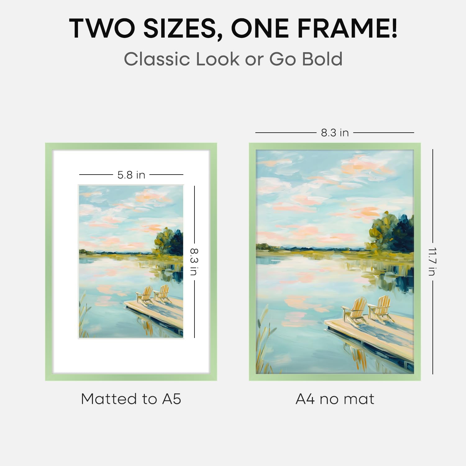 Homeforia A4 Picture Frame Sage Green, High End Metal 8.3 x 11.7 inch Poster Frames with Mat 5.8 by 8.3 Art, A4 Size Frame Matted to A5 Photo, 8.3x11.7 Wall or Tabletop Frame, Tempered Glass, Set of 2