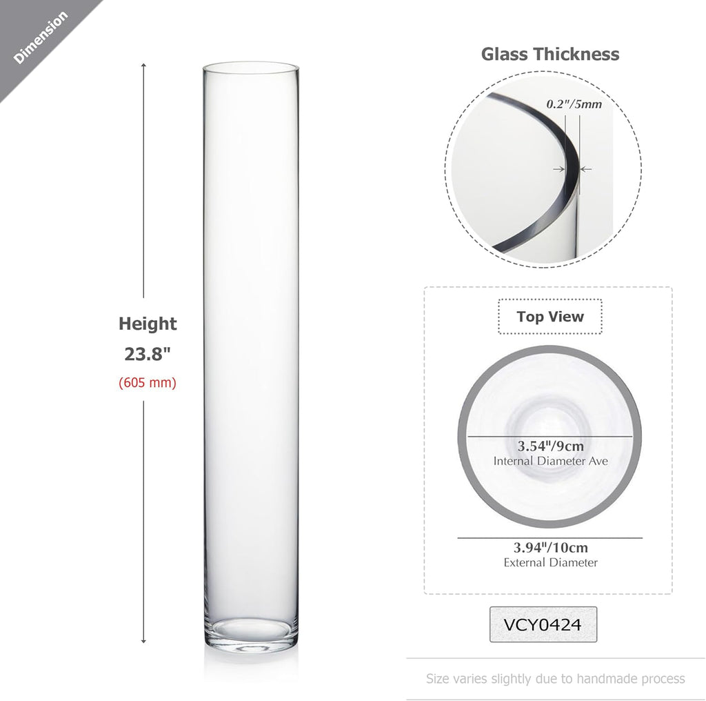 WGVI Quality Thick Weighted Tall Clear Cylinder Glass Vases, 4" W x 24" H, Flower Arrangement Floating Candle Holders Wedding Centerpieces Event Floral Container Tabletop Display Décor, 1 Piece