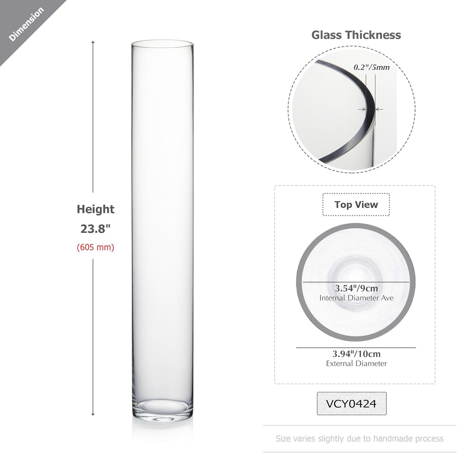 WGVI Quality Thick Weighted Tall Clear Cylinder Glass Vases, 4" W x 24" H, Flower Arrangement Floating Candle Holders Wedding Centerpieces Event Floral Container Tabletop Display Décor, 1 Piece