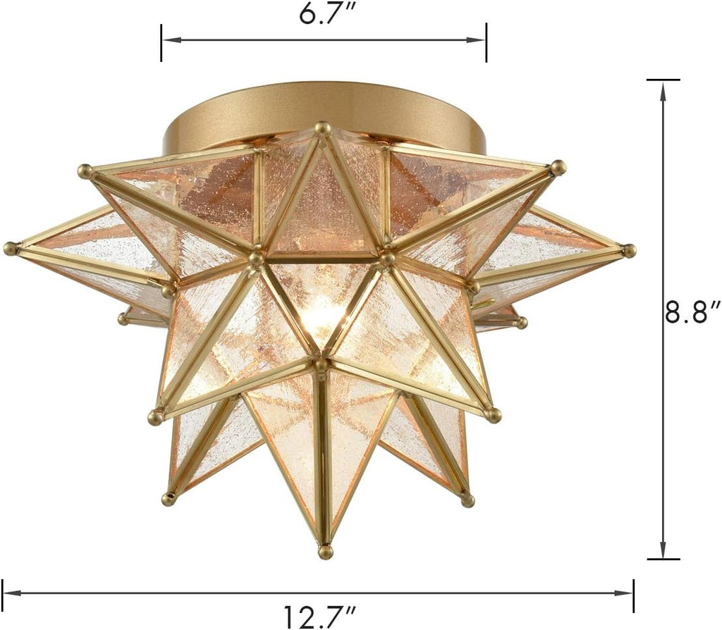DAYCENT Brass Moravian Star Flush Mount Ceiling Light with Seeded Glass Shade Modern Gold Moroccan Star Ceiling Light Fixture for Hallway Bedroom Kitchen