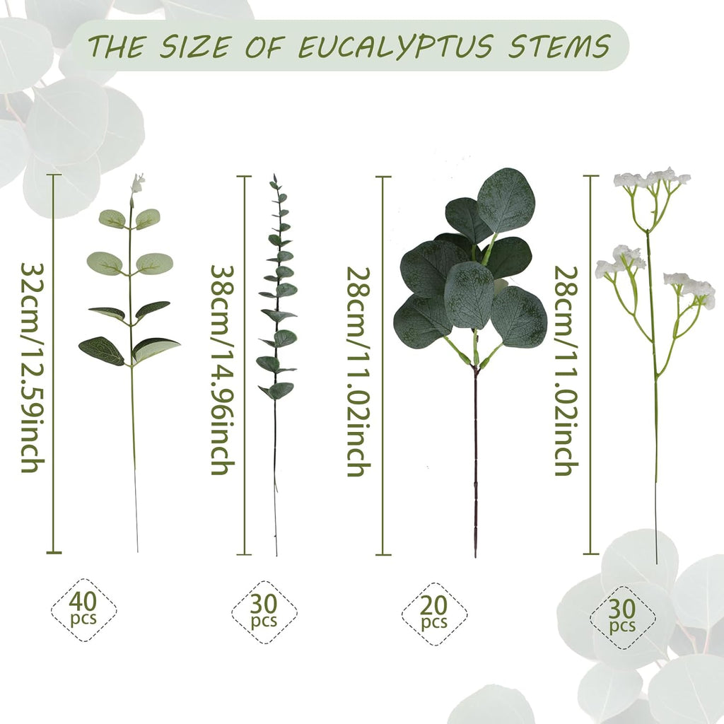 Artificial Eucalyptus Leaves Stems 120 Pcs 4 Kinds Mixed Fake Silver Dollar Eucalyptus Leaves Stem with Babysbreath Bulk Faux Leaf for DIY Bouquets Floral Arrangement Wedding Home Decor