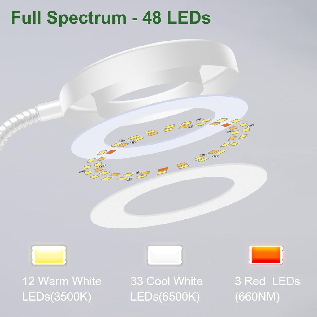 Wolezek 2 in 1 Grow Lights for Indoor Plants, 3 Colors Plant Lights for Indoor Growing with 360° Gooseneck, 48 LEDs Full Spectrum Plant Grow Lights Indoor, 6/12/16H Timer, 5 Brightness, White 1 Pack