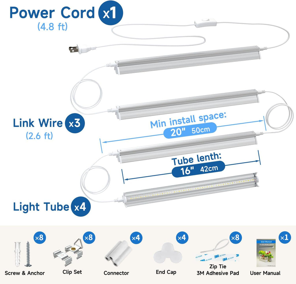 Plant Lights for Indoor Growing Seedlings - 16 in Long, 4-Count (10W x4) Full Spectrum T5 Grow Light Bars for Seed Starting, 4000K White LED Grow Lamp w/Reflectors for Shelf/Rack