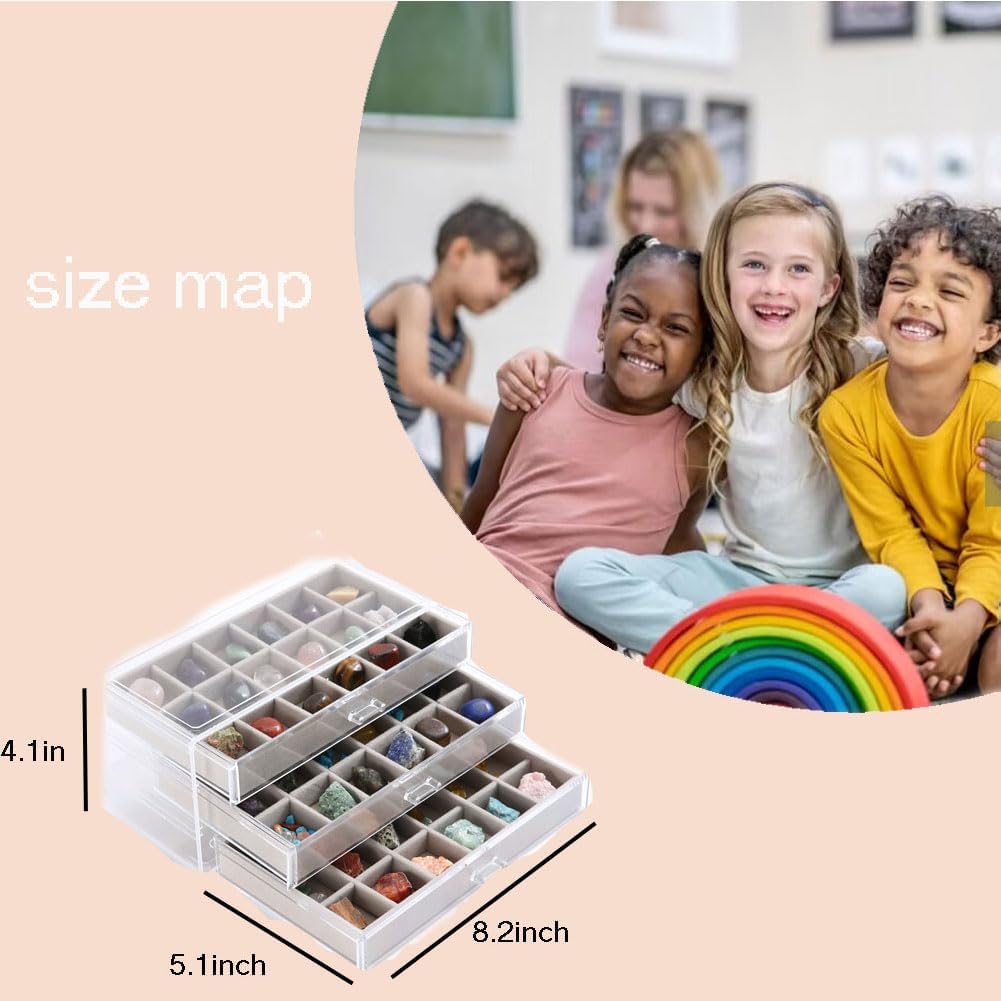 Acrylic Rock Collection Display Case with 54 Grids Storage Compartments Rock Collection Boxes Display Organizer Collection Storage Display Cases for Collectibles Crystal /Rock（Gery）