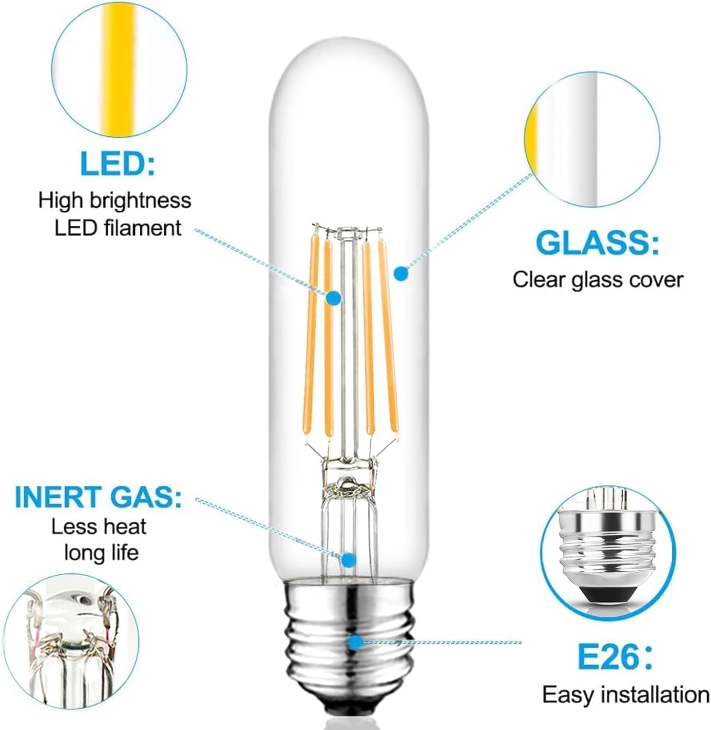 5 Inch Edison Bulb, 5000K Daylight White E26 Led Bulb 6W Dimmable, 800LM T10 T9 Clear Glass Tubular Light Bulbs, AC 120V Equal 80 Watt Bulbs for Chandelier Pendant Wall Light - 4Pack