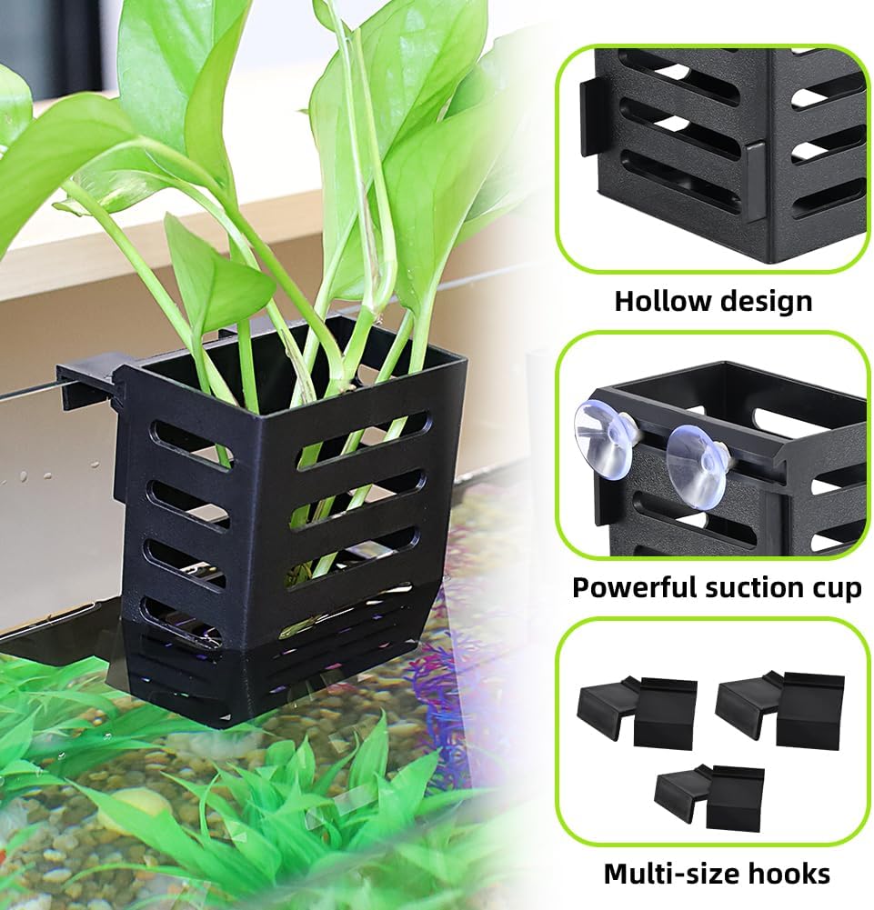 Upgraded Hanging Aquarium Plant Holder,2 Pcs Plastic Aquatic Plant Holders with Hooks and Suction Cups for Fish Tank Plant Decoration