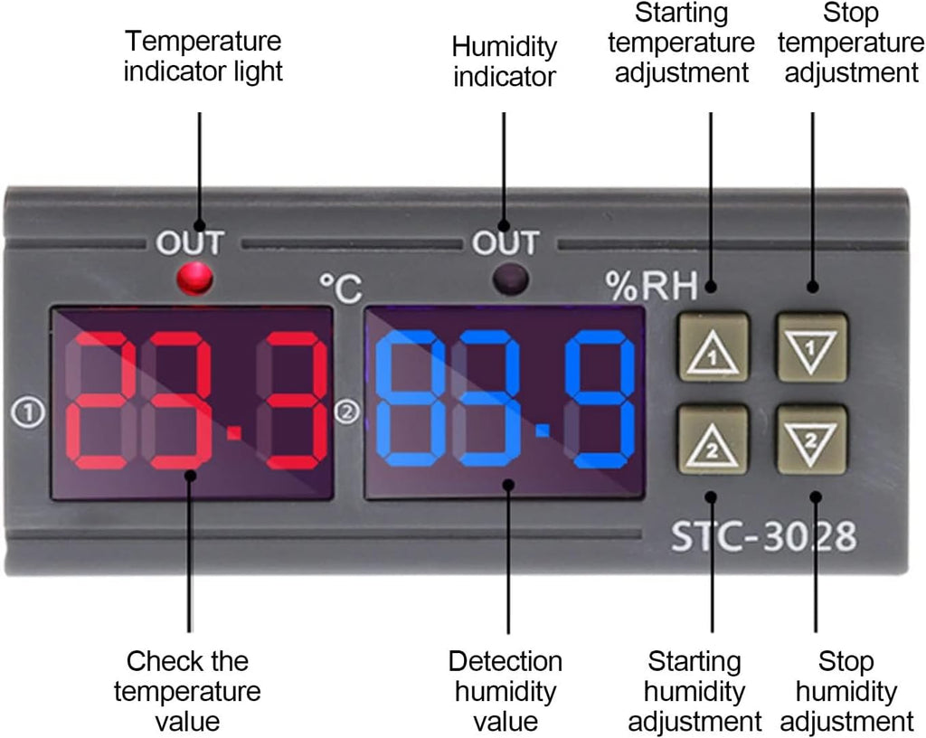 2Pcs All-Purpose Intelligent Digital Display Temperature and Humidity Controller with Dual Displays and Relay Outputs STC-3028 10A AC110~220V for Incubator Brooder Refrigerator Fermenter Greenhouse