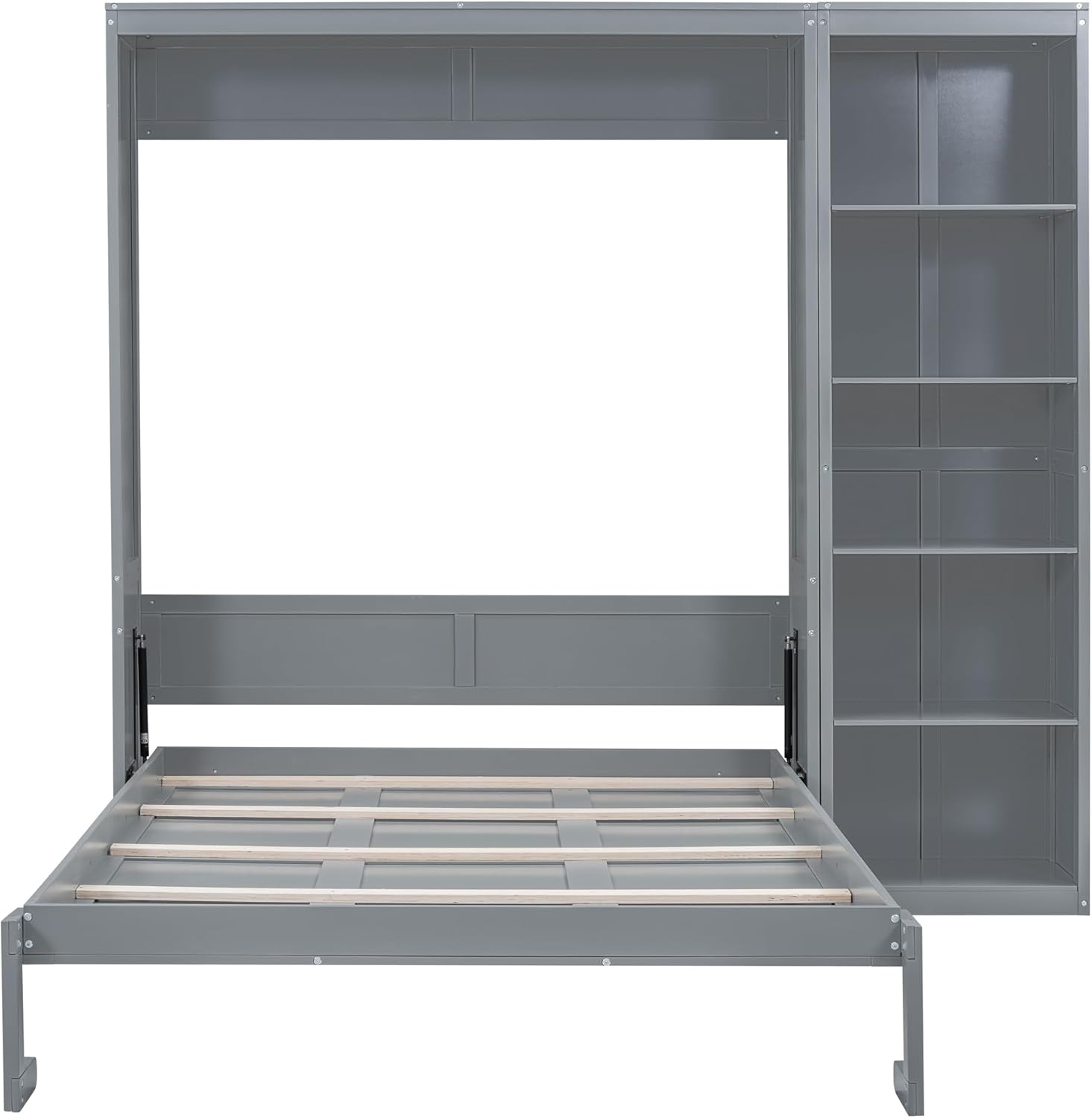 MERITLINE Queen Murphy Bed with Storage Bookcase Shelves,Wood Folding Grey Murphy Wall Bed Cabinet