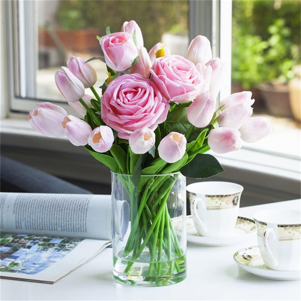 Enova Floral Clear Glass Cylinder Vase 5 x 8 Inches, Clear Flower Vases, Pillar Candle Hurricane Floating Candle Holder Vase, Glass Flower Vase for Wedding Centerpieces, Home Office décor (1 Piece)