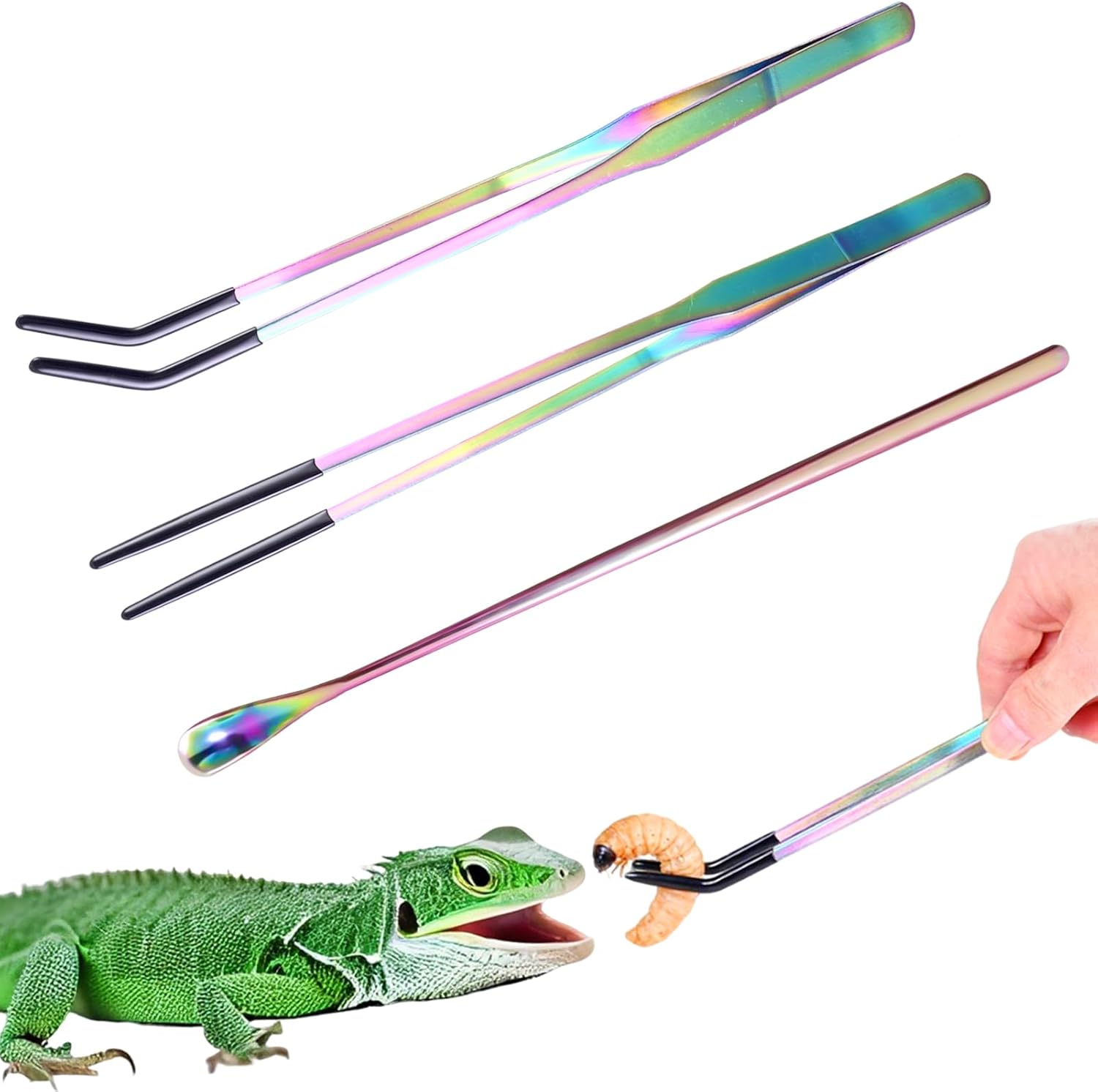 3 Pack Stainless Steel Reptile Feeding Tongs with Rubber Tip and Spoon, 10.6" Straight & Curved Tweezers for Aquariums & Crafts, Feeder Tools for Bearded Dragons & Lizards, Terrarium Tank Supplies