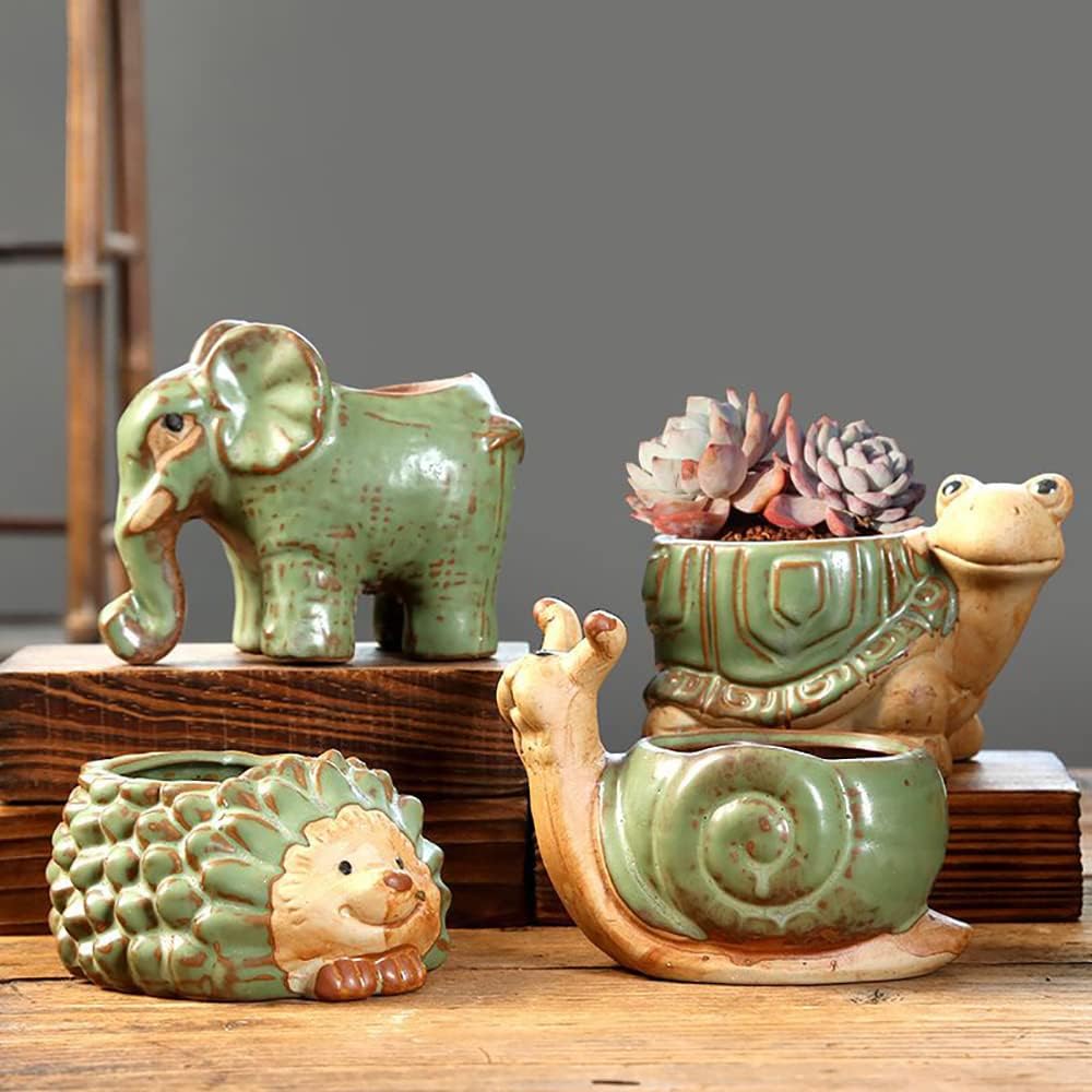 DIYOMR Small Ceramic Planter Pot, 4.3" Vintage Bronze Animal Planters Ceramic Flowerpot Succulent Pots Cactus Pot for Office Home Desktop Decor - Plants Not Included (Snail Pot)