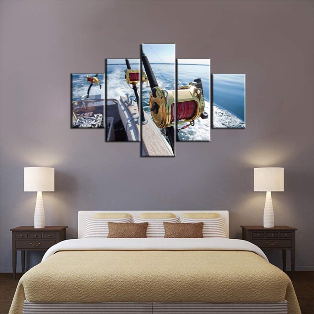 House Decorations Living Room Big Game Fishing Reel Paintings Blue Seascape Angling Pictures Contemporary Artwork 5 Panel Prints Wall Art on Canvas Framed Ready to Hang Posters and Prints(60''Wx40''H)