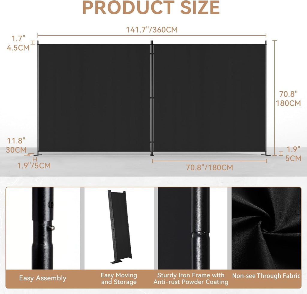 C-Hopetree 2 Panels Room Divider, 6 Ft Tall Indoor Folding Privacy Screen, Portable Partition Separator, Freestanding Separation Temporary Wall for Office, Bedroom, 142" W X 71" H, Black