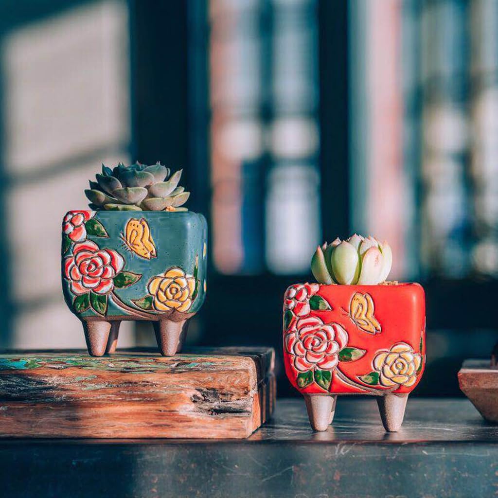 3.63 Inch Hand Painted Succulent Planter with Drainage and Saucers Ceramic Cactus Planter Pot Clay Pot Floral Design Indoor Outdoor Set of 3 (Green Yellow Red)