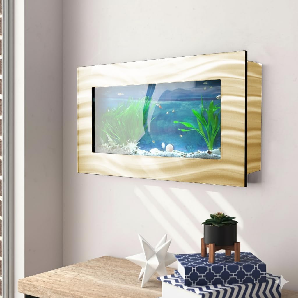 Aussie Aquariums 3.0 Wall Mounted Fish Tank Kit with LED Lighting, Built-in Filter System, Modern Space-Saving Design, Complete Accessories Set (Skyline, Gold)