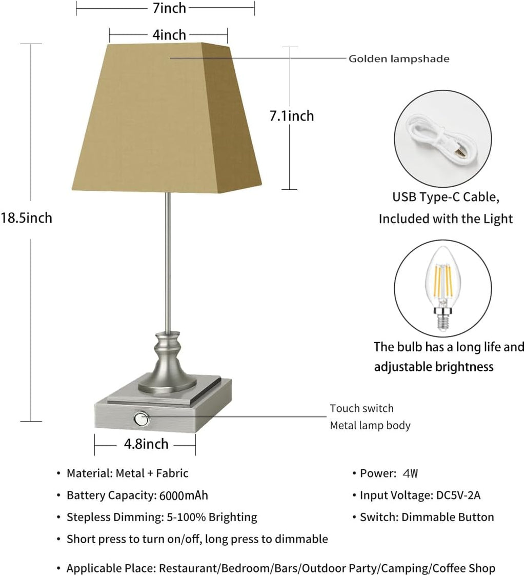 Rechargeable LED Table Lamps with Stepless Touch Control,Sliver Cordless Lamp for Living Room&Bedside&Patio&Shower,Small Desk Lamp(6000mAH Battery),1 Pack for Home Decor,Best Gifts for Family