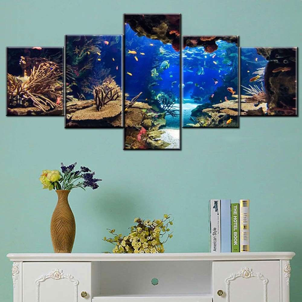 Ocean Fish Picture for Living Room Underwater World Painting Coral Reef Artwork Undersea Sea Life Wall Art 5 Piece Print on Canvas Giclee Aquarium Home Modern Decor Framed Ready to Hang(50''W x 24''H)