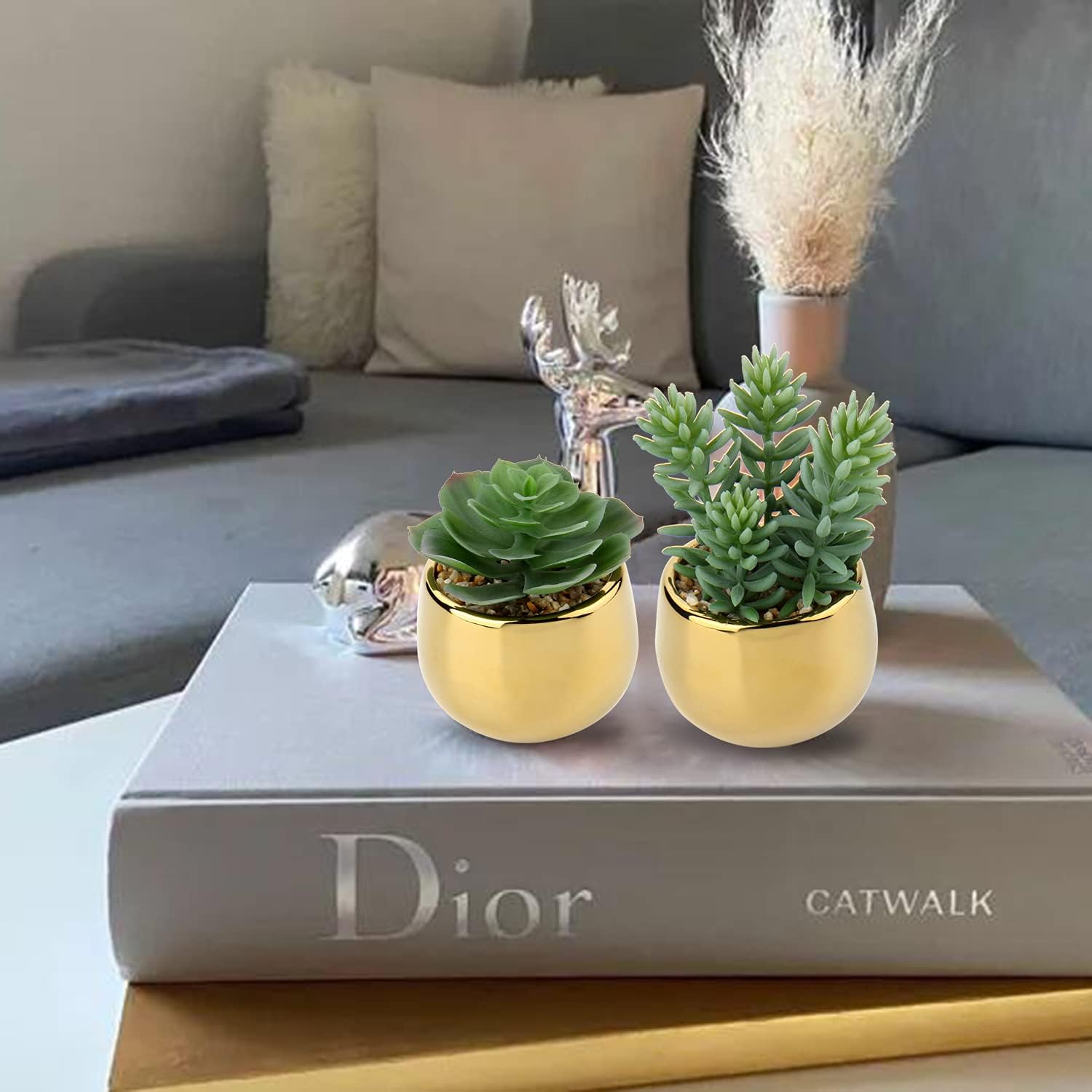 Briful Small Artificial Succulents in Pots Set of 3 Realistic Faux Succulents Plants with Gold Ceramic Pots Cute Mini Fake Plants Decor for Modern Home Table Office Desk Bathroom Shelf Decoration