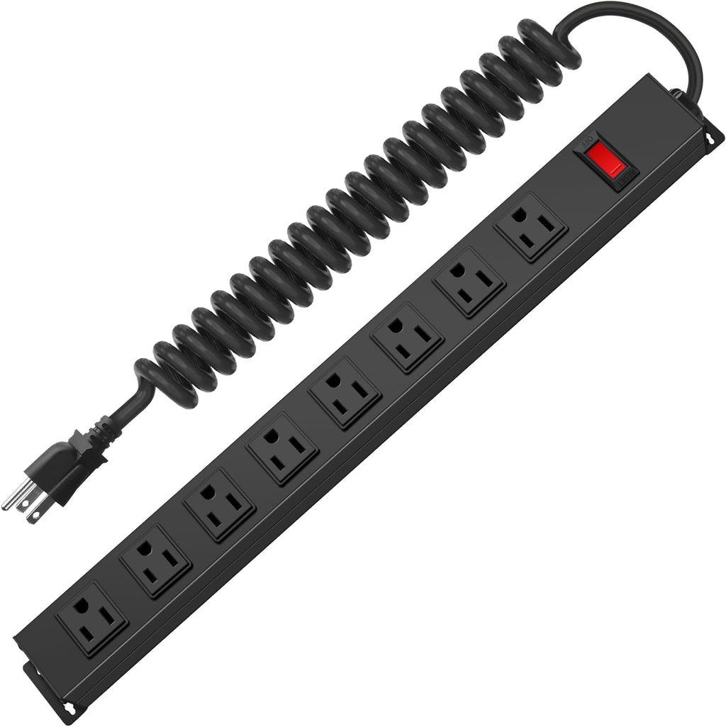 HHSOET 8 Outlet Metal Wall Mount Power Strip, Surge Protector Long Power Strip with Switch, Heavy Duty Wide Spaced Surge Protector, 4 FT SJT 14AWG Black Spring Cord.