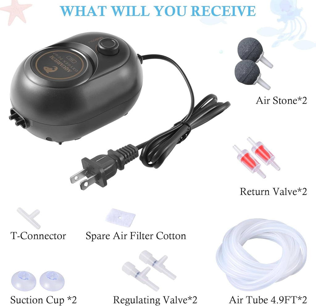 FEDOUR 2.5W 4W 6W Aquarium Air Pump, Powerful Adjustable Fish Tank Oxygen Pump for up to 300Gallon Fish and Turtle Tank, Quiet Aquarium Air Bubbler (2.5W for up to 100gallon)