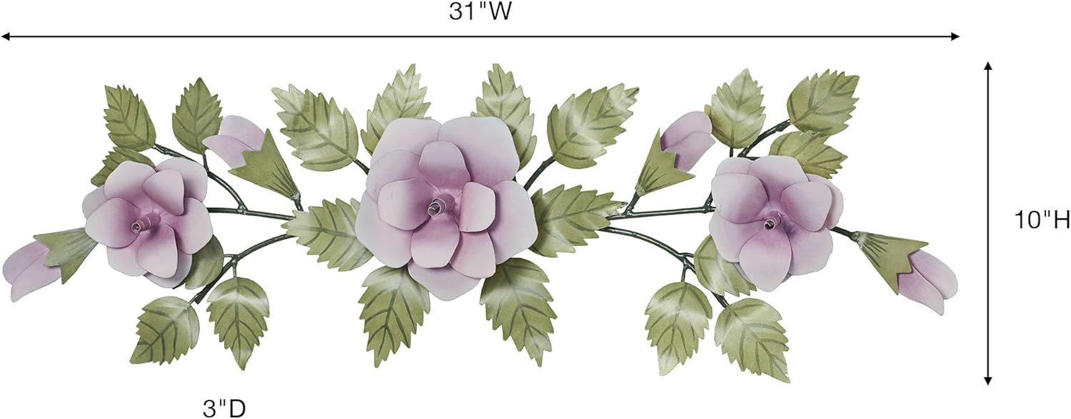 Touch of Class Lavender Rose Swag Floral Wall Topper | Handcrafted Handpainted Metal Wall Art | Roses Floral Leaves | Indoor or Covered Outdoors Porch or Patio | Doorways Entryway Hallway