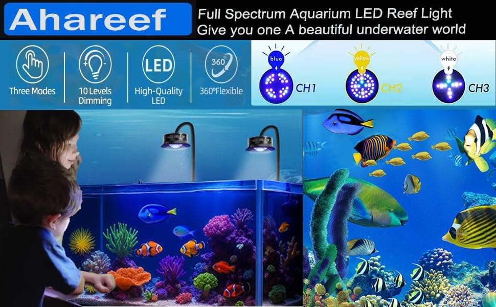 Ahareef Clip-on Full Spectrum LED Reef Light 30W for SPS/LPS Corals – Dimmable Aquarium Light with 3 Timers/5 Brightness/3 Models, Perfect for Saltwater & Nano Reef Tanks (16-20 Inch)