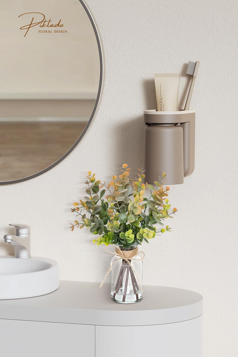 Artificial Eucalyptus Stems in Vase with Faux Water,Fake Plants for Bathroom,Coffee Table,Green Leaves for Centerpiece,Faux Greenery Plants Decorations.(Eucalyptus-Greyish Orange)