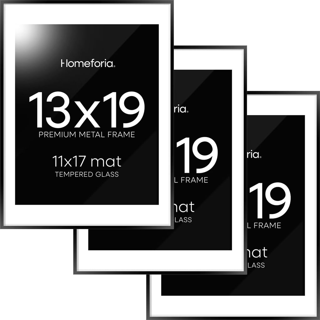 Homeforia 13x19 Picture Frame Black, High End Metal 13 x 19 Poster Frames with Mat 11 x 17 for Photo, 13x19 Black Frame Matted to 11x17 inch Print, 19x13 Thin Frame, Tempered Glass, Wall Kit, Set of 3