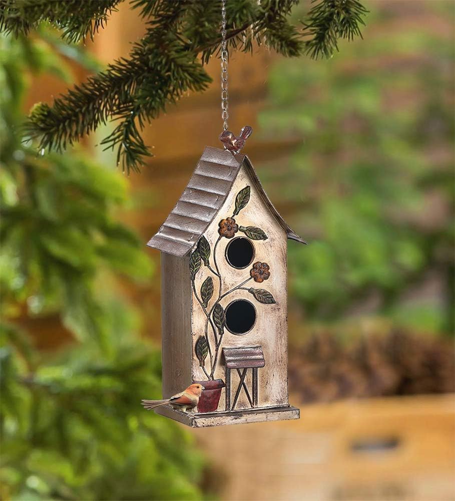 Jemeni 15" H Distressed Metal Birdhouses for Outdoors Hanging, Bird House Decorative for Outside Garden Yard, Double Hole with Floral Accents…………
