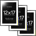 Homeforia 12x17 Picture Frame Black, High End Metal 12x17 Poster Frames with Mat 10x15 for Photo, 12 x 17 Black Frame Matted to 10 x 15 inch Print, 17x12 Thin Frame, Tempered Glass, Wall Kit, Set of 3
