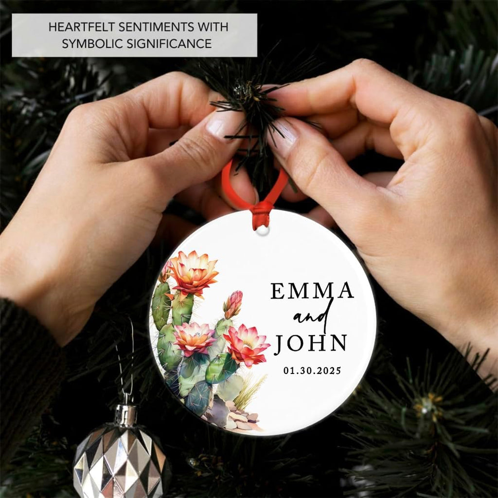Andaz Press 2.8" Ceramic Porcelain Personalized Christmas Cactus Ornament, Flowering Cactus, Custom Cactus Christmas Ornaments, Succulent Ornament Cactus Decor, Wedding, Engagement Gift for Couples