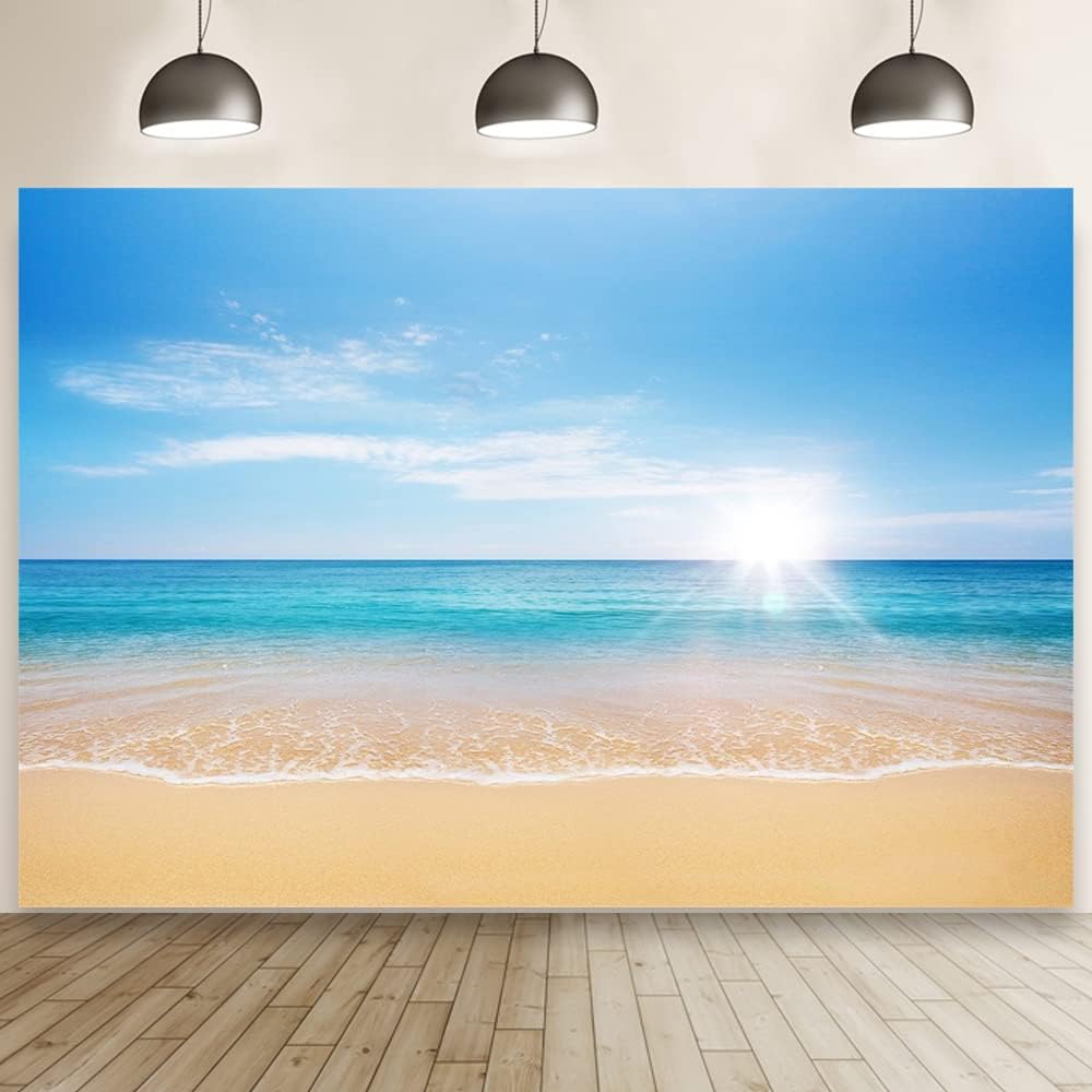 AOFOTO 15x10ft Summer Beach Photography Backdrop Sea Waves Background Blue Sky Clouds Sunlight Hawaiian Luau Adult Lovers Artistic Portrait Wedding Travel Vacation Photo Studio Props Vinyl Wallpaper