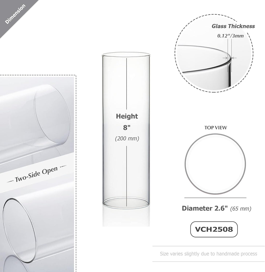 WGVI Hurricane Candle Holder Sleeve, Wide 2.5", Height 8", Clear Glass Cylinder Candleholder, Chimney Tube, Open Ended Candle Shade, 6 Pieces Bulk