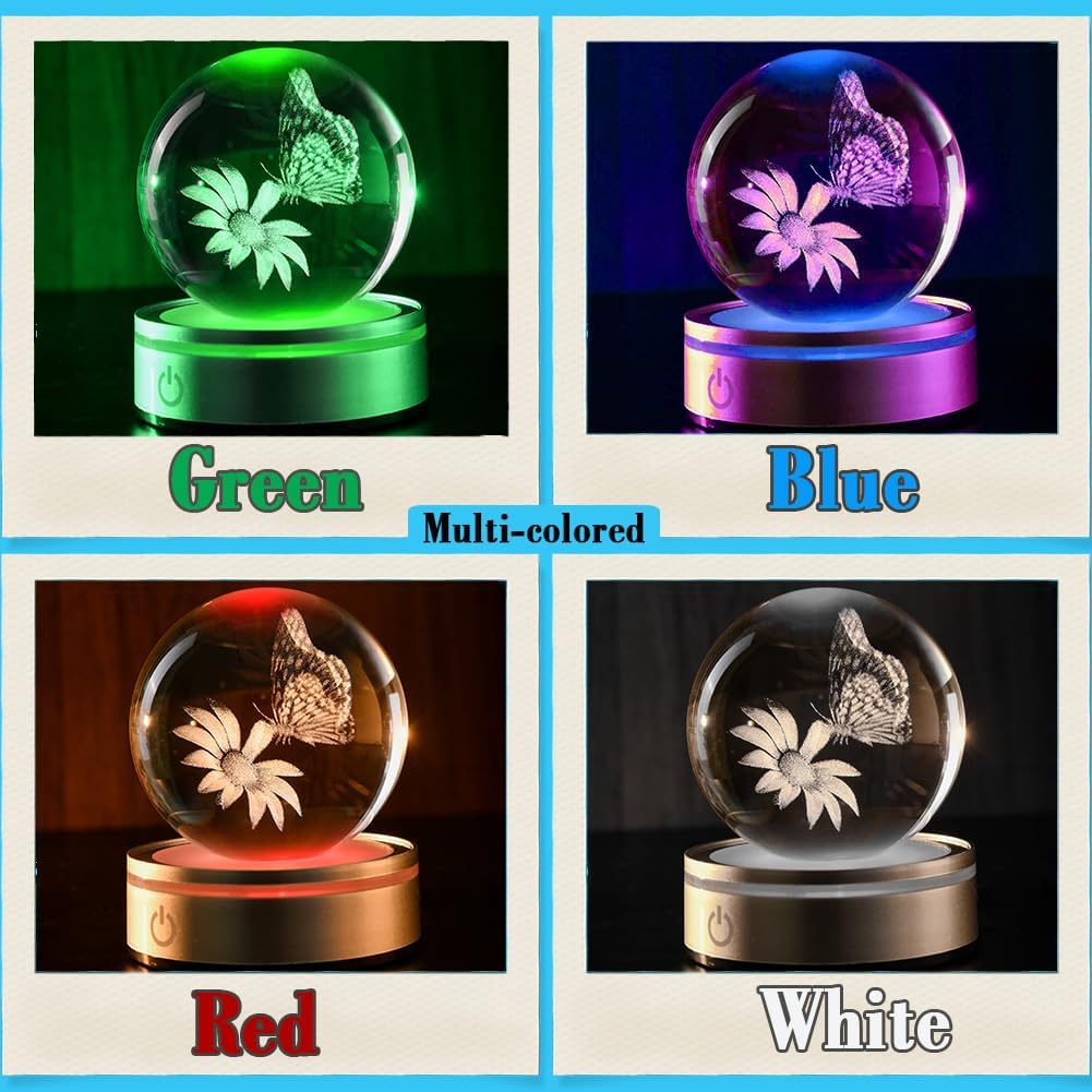 IFOLAINA 3D Butterfly Crystal Ball Decor Lamp Gifts Ideas for Girlfriend Wife Mom Couple Her Birthday Christmas Butterfly on Sunflower in Glass Ball