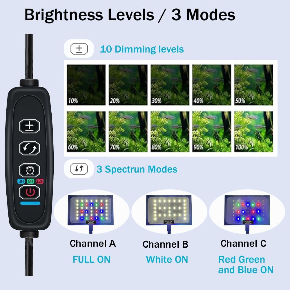 Aquarium Light, 3 Mode Clip on Fish Tank Light with Timer Function, Full Spectrum Aquarium Plant Light, Adjustable Brightness, for 8-16 Inch Fish Tank