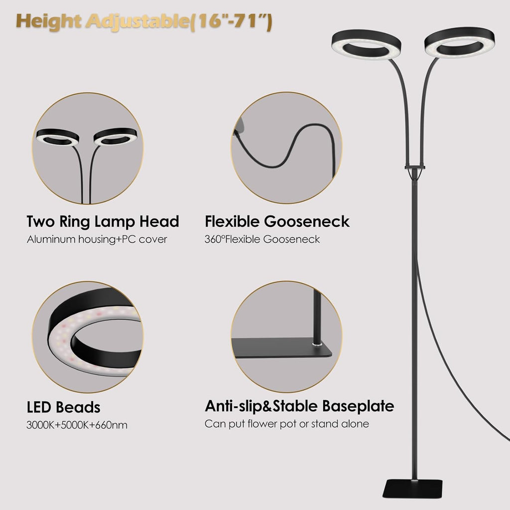 GLOWRIUM Grow Lights for Indoor Plants, Full Spectrum LED Grow Light Floor Lamp with Stand Adjustable Height and Angle, Black Plant Light with 3/9/12H Grow Light Timer (Black, 36W)