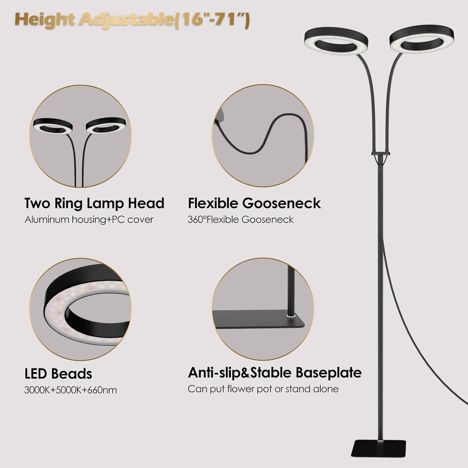 GLOWRIUM Grow Lights for Indoor Plants, Full Spectrum LED Grow Light Floor Lamp with Stand Adjustable Height and Angle, Black Plant Light with 3/9/12H Grow Light Timer (Black, 36W)