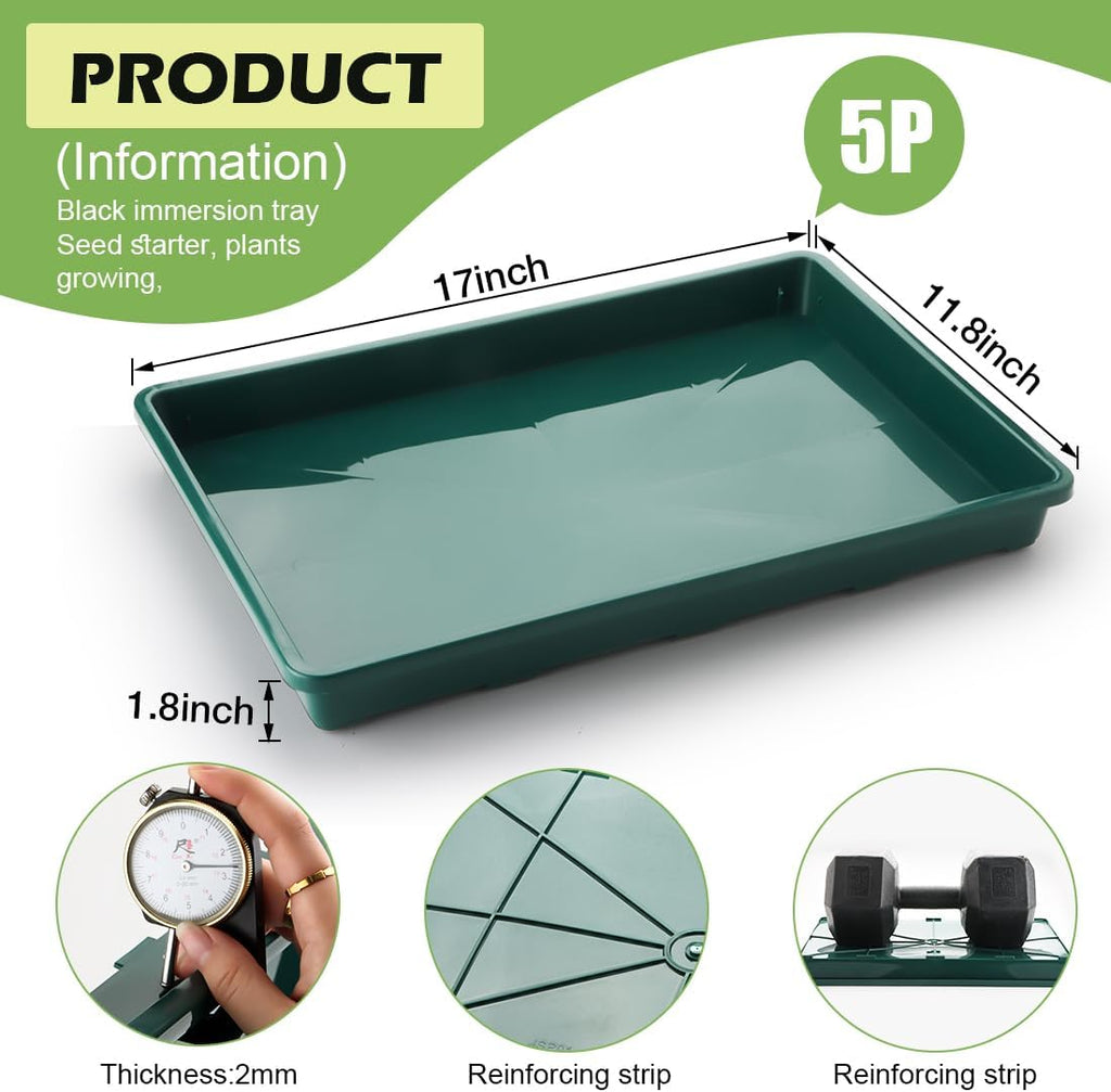 5 Pack Seed Starter Trays (17"x11"x2"), Plastic Flat Nursery Pots Trays, Durable Carrying Seedling Starter Tray, Reusable Tray for Planting and Collecting Drainage Water (Green)